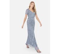 Maya Deluxe Womens Maxi Ladies Embellished Sequin Long Short Sleeve V Neck High Empire Waist Cut Shiny Prom Wedding Bridesmaid Dress, Dusty Blue, 22
