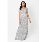 Maya Deluxe Women's Maxi Womens Ladies Embellished Sequin Long Short Sleeve V Neck High Empire Waist Cut Shiny P Bridesmaid Dress, Soft Grey, 8 UK