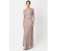 Maya Deluxe Women's Short Sleeve Stripe Embellished Maxi Dress in Taupe | Size: 6 Maya Deluxe Taupe 6