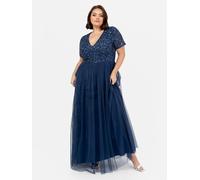 Maya Deluxe Women's Ladies Dress for Wedding Guest Plus Size Empire High Waist Sequins Short Sleeve Evening Bridesmaid, French Navy, 8