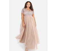 Maya Deluxe Women's Ladies Dress for Wedding Guest Plus Size Empire High Waist Sequins Short Sleeve Evening Bridesmaid, Taupe Blush, 10