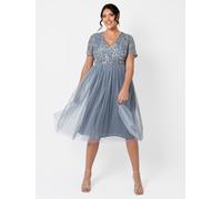 Maya Deluxe Women's Short Sleeve V Neck Embellished Midi Dress in Blue | Size: 6 Maya Deluxe Blue 6