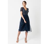 Maya Deluxe Women's Short Sleeve V Neck Embellished Midi Dress in Dark Navy | Size: 6 Maya Deluxe Dark Navy 6