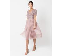 Maya Deluxe Women's Embellished Midi Evening Dress Ladies V Neckline with Short Sleeve for Prom Wedding Bridesmaid, Frosted Pink, 10