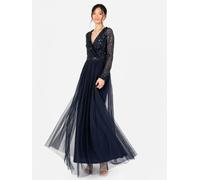 Maya Deluxe Women's Stripe Embellished Faux Wrap Bodice Maxi Dress in Dark Navy | Size: 10 Maya Deluxe Dark Navy 10