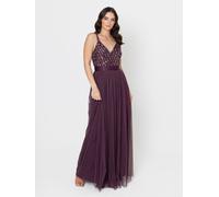 Maya Deluxe Women's Ladies Maxi Dress Long Length Wedding Guest Bridesmaid Prom Summer Evening Gown V Neck Straps Bow Tie, Berry, 6