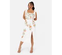 Maya Deluxe Women's Ladies Midi Dress Square Neck Sleeveless Tie Shoulder Floral Embellished Slit Split for Wedding Guest Occasion Ecru 8