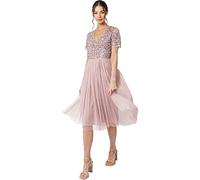 Maya Deluxe Women's Embellished Midi Evening Dress Ladies V Neckline with Short Sleeve for Prom Wedding Bridesmaid, Frosted Pink, 14