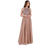 Maya Deluxe Women's Womens Ladies Maxi Halter Neck Sequin Embellished Prom Graduation Weddi Bridesmaid Dress, Taupe Blush, 10 UK