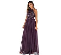 Maya Deluxe Women's Womens Ladies Maxi Halter Neck Sequin Embellished Prom Graduation Weddi Bridesmaid Dress, Berry, 8 UK