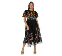 Maya Deluxe Women's Ladies Midi Dress Black Short Puff Sleeves Round Neck Floral Embroidered Open Back Tie A-line Occasion Evening, 16