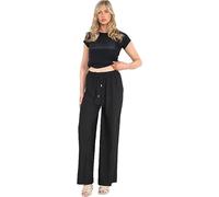 MAYA® Womens Palazzo Crinkle Cheese Cloth Flared Pants Plain Wide Leg Summer Trousers Black (One Size fits 10-18)