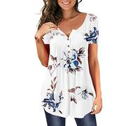 MAYAMANG Women's Floral Tunic Tops Casual Blouse Clothes V Neck Short Sleeve Buttons Up T-Shirts, S-white, XXXL