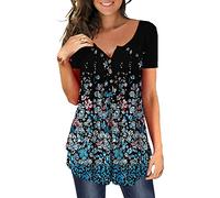 MAYAMANG Women's Floral Tunic Tops Casual Blouse V Neck Short Sleeve Buttons Up T-Shirts - - Large