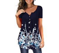 MAYAMANG Women's Floral Tunic Tops Casual Blouse V Neck Short Sleeve Buttons Up T-Shirts, Navy Blue, XXXL