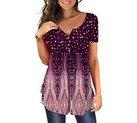 MAYAMANG Women's Floral Tunic Tops Casual Blouse V Neck Short Sleeve Buttons Up T-Shirts, Polka Dot + Purple, XXL
