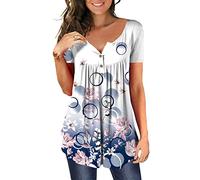 MAYAMANG Women's Floral Tunic Tops Casual Blouse V Neck Short Sleeve Buttons Up T-Shirts, S-floral Pink, Large