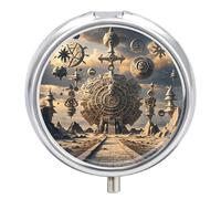 Mayan Calendar End of The World Pill Case Pill Box with 3 Compartments | Round Travel Pill Organizer Portable Pill Container for Pocket Purse Women Men Daily Use Vitamins Supplement Holder