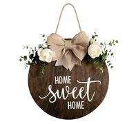 MayAvenue Home Sweet Home Wreaths Decor Sign Front Door, Round Wood Hanging Sign with Ribbon Bow and Artificial Green Leaves, Farmhouse Porch Decorations for Home Thanksgiving, Brown
