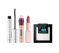 Maybelline Concealer Eraser Eye 01 Light + Fit Me! Matte Setting Powder, 090 Translucent + Serum Bullet Lipstick, Matte, Maybe it's Soft, 106 + L'Oréal Paris Telescopic Extensionist Mascara, Black