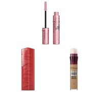 Maybelline New York Bundle; SuperStay Vinyl Ink 15 Peachy, Lash Sensational Sky High Volumising & Lengthening Mascara Black, Instant Anti-Age Eraser Eye Concealer Nude