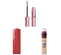 Maybelline New York Bundle; SuperStay Vinyl Ink 15 Peachy, Lash Sensational Sky High Volumising & Lengthening Mascara Black, Instant Anti-Age Eraser Eye Concealer Light
