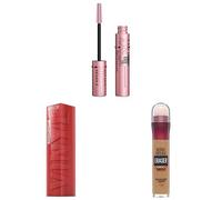 Maybelline New York Miley's Faves Bundle; SuperStay Vinyl Ink 15 Peachy, Lash Sensational Sky High Volumising & Lengthening Mascara Black, Instant Anti-Age Eraser Eye Concealer Tan