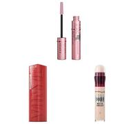 Maybelline New York Miley's Faves Bundle; SuperStay Vinyl Ink 15 Peachy, Lash Sensational Sky High Volumising & Lengthening Mascara Black, Instant Anti-Age Eraser Eye Concealer Fair