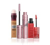 Maybelline New York Miley's Faves Bundle; SuperStay Vinyl Ink 15 Peachy, Lash Sensational Sky High Volumising & Lengthening Mascara Black, Instant Anti-Age Eraser Eye Concealer Caramel