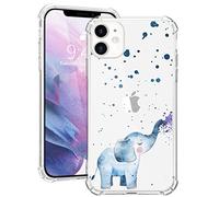 MAYCARI Cute Painting Blue Elephant Case Clear for iPhone 12/12 Pro 6.1 Inch, Art Animals Pattern Transparent Shockproof Anti-Scratch Soft TPU Cover with Air Cushion for Men&Women