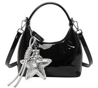 Maycred Y2K Women's Glossy Patent Leather Shoulder HandBag with Star Hanging Accessories Crescent Purse Crossbody Bags, Glossy Black