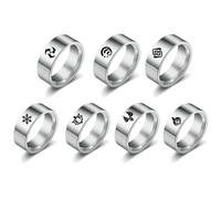 MayDee Gen Shin Ring Gen Shin God's Eye 7 Elements Flame Wind Lightning Rock Water Ice Grass Element Pattern Ring Gen Shin Collection Stainless Steel Ring 7 Pieces Set (8#)