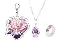 MayDee Madokas Soul Gem Ring, Necklace, Keychain 3pcs Set - Anime Magicas Figure Pendant - Magica Cosplay Accessories (Pink)