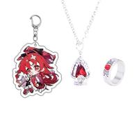 MayDee Madokas Soul Gem Ring, Necklace, Keychain 3pcs Set - Anime Magicas Figure Pendant - Magica Cosplay Accessories (Red)