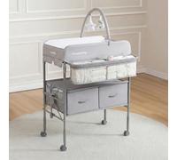 Maydolly Bedside Table Portable & Foldable, Adjustable Height, With Lockable Wheels, 2 Storage Baskets & Waterproof Changing Table Mattress - Grey, Max 15kg