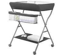 Maydolly Folding Baby Changing Table, Mobile Changing Table with Wheels and Changing Mat, Waterproof and Height-Adjustable Storage Compartments (Dark Gray)