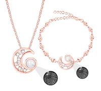 Mayfaith Exquisite and Compact Moon Pendant Set, 100 I Love You Language Projection Necklace and Bracelet Set, Women's Set, New Year and Valentine's Day Gifts Y4454, Stainless Steel, Cubic Zirconia