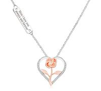 Mayfaith Fashionable and Popular Hollow Out Rose Flower with Blessing Words Engraved on Zircon Love Heart Pendant Necklace, A Gift for Mothers, Family, and Best Friends, Adjustable, Cubic Zirconia