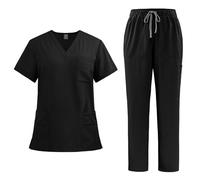 MAYFASEY Medical Scrubs Set for Women V Neck Short Sleeve Top Slim Pants 8 Pockets Moisture Wicking Healthcare Uniforms for Beauty Doctor Nurse Cosmetic SPA Black XXL