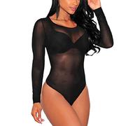 MAYFASEY Women Long Sleeves Stretch Mesh See Through Jumpsuit Bodysuit Leotard Club Party Bodycon Tops, Black, XL