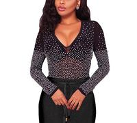 MAYFASEY Women Rhinestone V Neck Mesh Long Sleeves Tunic Shirts Sheer Tops Blouse, Black, M