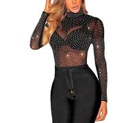 MAYFASEY Women Sexy Rhinestone Mesh Long Sleeves Tunic Shirts Sheer Tops Blouse, Black, L