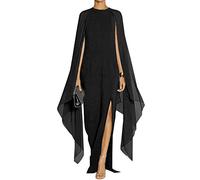 MAYFASEY Women's Elegant High Split Flare Sleeve Formal Evening Gowns Maxi Dress with Cape - Black - X-Large