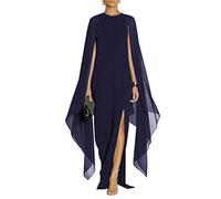 MAYFASEY Women's Elegant High Split Flare Sleeve Formal Evening Gowns Maxi Dress with Cape, Navy, XL