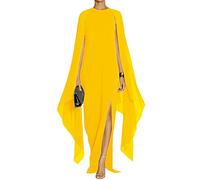 MAYFASEY Women's Elegant High Split Flare Sleeve Formal Evening Gowns Maxi Dress with Cape, Yellow, M