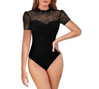 MAYFASEY Women's Lace Bodysuit Mock Neck Short Sleeve Sheer Mesh Bodysuits Going Out Tops, Black, S