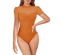MAYFASEY Women's Lace Bodysuit Mock Neck Short Sleeve Sheer Mesh Bodysuits Going Out Tops, Orange, XXL