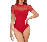 MAYFASEY Women's Lace Bodysuit Mock Neck Short Sleeve Sheer Mesh Bodysuits Going Out Tops, Red, XL