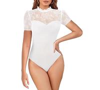 MAYFASEY Women's Lace Bodysuit Mock Neck Short Sleeve Sheer Mesh Bodysuits Going Out Tops, White, L