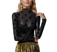 MAYFASEY Women's Mock Neck Long Sleeve Sheer Mesh Bodysuit Trendy Butterfly Print Going Out Bodysuits Tops, Black, XL